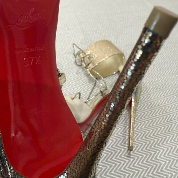 Christian Louboutin Cord Ankle  100mm Gold Lace-Up Heels Size 7.5 - Picture 14 of 15